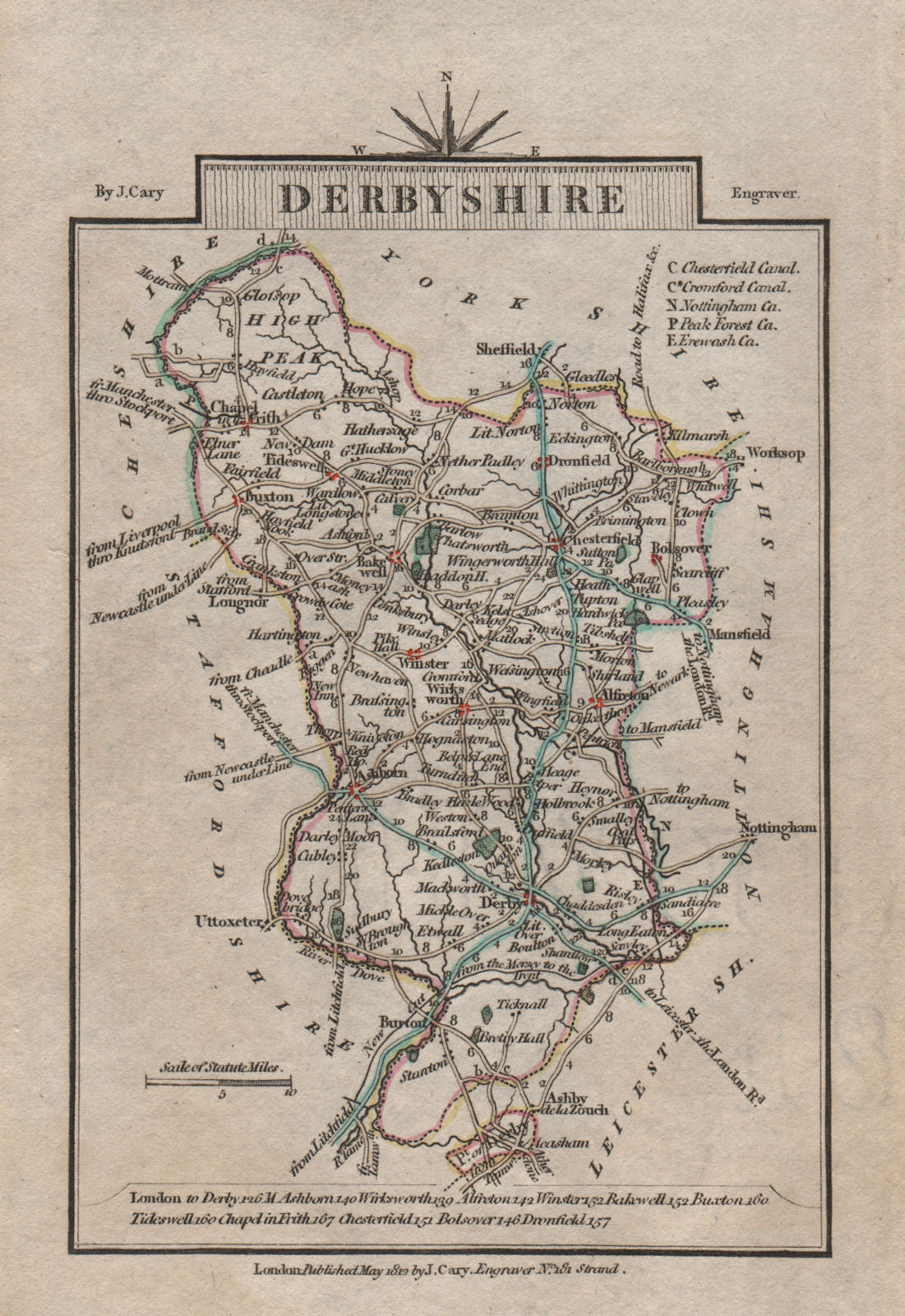 DERBYSHIRE by John CARY. Miniature antique county map. Original colour 1812